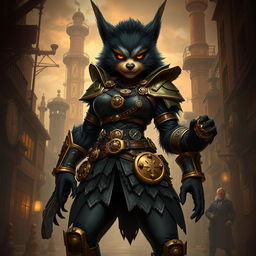 An impressive 8-foot tall female bugbear rogue, featuring sleek black fur and dressed in a detailed steampunk outfit, complete with gears, brass embellishments, and intricate patterns