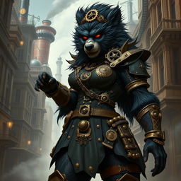 An impressive 8-foot tall female bugbear rogue, featuring sleek black fur and dressed in a detailed steampunk outfit, complete with gears, brass embellishments, and intricate patterns