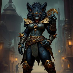 An impressive 8-foot tall female bugbear rogue, featuring sleek black fur and dressed in a detailed steampunk outfit, complete with gears, brass embellishments, and intricate patterns