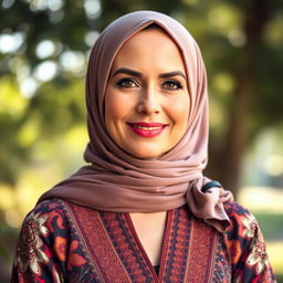 A beautiful and elegant woman in her 40s wearing a stylish hijab, exuding confidence and grace