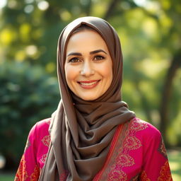 A beautiful and elegant woman in her 40s wearing a stylish hijab, exuding confidence and grace