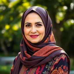 A beautiful and elegant woman in her 40s wearing a stylish hijab, exuding confidence and grace