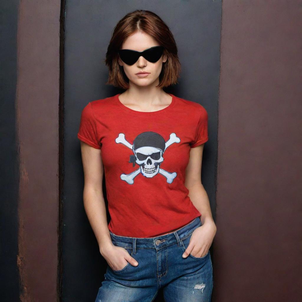 The Indian girl, with her rich warm skin tones and short reddish-brown hair tucked beneath a pirate-style black eyepatch, is now wearing a vibrant red t-shirt paired with jeans in a dark, enigmatic setting.