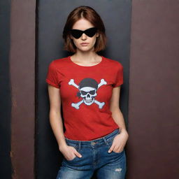 The Indian girl, with her rich warm skin tones and short reddish-brown hair tucked beneath a pirate-style black eyepatch, is now wearing a vibrant red t-shirt paired with jeans in a dark, enigmatic setting.