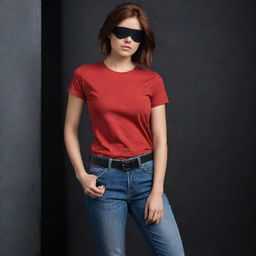 The Indian girl, with her rich warm skin tones and short reddish-brown hair tucked beneath a pirate-style black eyepatch, is now wearing a vibrant red t-shirt paired with jeans in a dark, enigmatic setting.