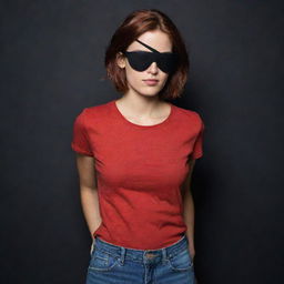 The Indian girl, with her rich warm skin tones and short reddish-brown hair tucked beneath a pirate-style black eyepatch, is now wearing a vibrant red t-shirt paired with jeans in a dark, enigmatic setting.