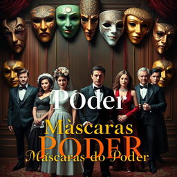 A theatrical book cover titled 'Máscaras do Poder', featuring exotic masks in the background