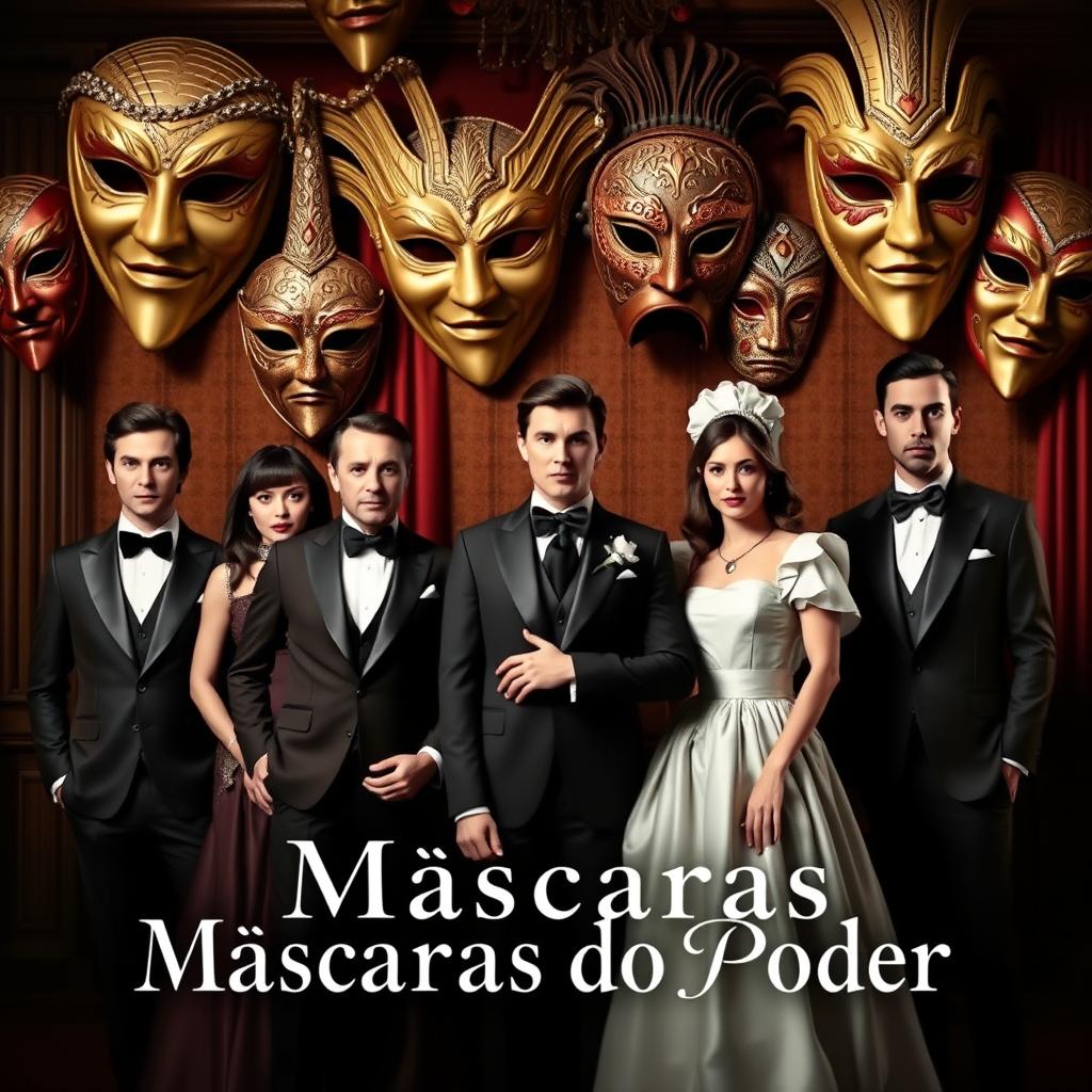 A theatrical book cover titled 'Máscaras do Poder', featuring exotic masks in the background