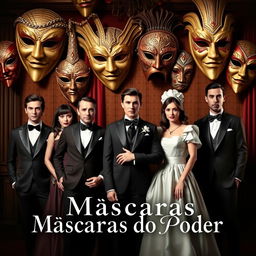 A theatrical book cover titled 'Máscaras do Poder', featuring exotic masks in the background