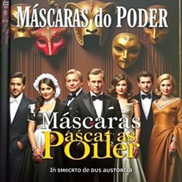 A theatrical book cover titled 'Máscaras do Poder', featuring exotic masks in the background