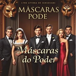 A theatrical book cover titled 'Máscaras do Poder', featuring exotic masks in the background