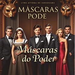 A theatrical book cover titled 'Máscaras do Poder', featuring exotic masks in the background