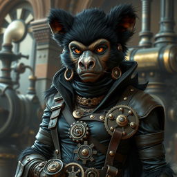 A tall female bugbear rogue with glossy black fur, wearing a stylish steampunk outfit featuring intricate mechanical details, gears, and leather accessories