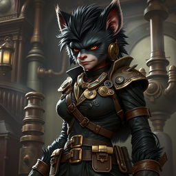 A tall female bugbear rogue with glossy black fur, wearing a stylish steampunk outfit featuring intricate mechanical details, gears, and leather accessories