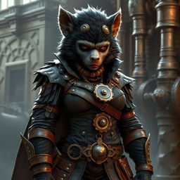 A tall female bugbear rogue with glossy black fur, wearing a stylish steampunk outfit featuring intricate mechanical details, gears, and leather accessories