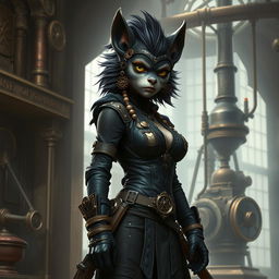 A tall female bugbear rogue with glossy black fur, wearing a stylish steampunk outfit featuring intricate mechanical details, gears, and leather accessories