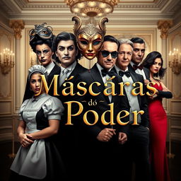 A theatrical book cover titled 'Máscaras do Poder', featuring a captivating design with exotic masks prominently displayed