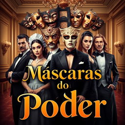 A theatrical book cover titled 'Máscaras do Poder', featuring a captivating design with exotic masks prominently displayed