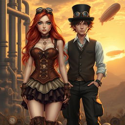 A steampunk themed scene featuring a female and male character