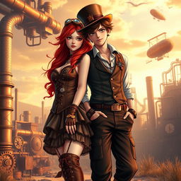 A steampunk themed scene featuring a female and male character