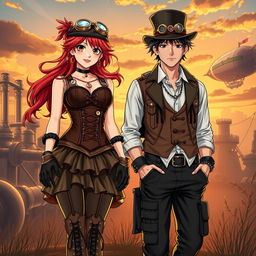 A steampunk themed scene featuring a female and male character