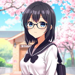 A female character illustrated in an anime style, featuring short black hair and wearing glasses