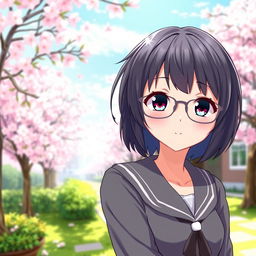 A female character illustrated in an anime style, featuring short black hair and wearing glasses