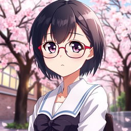 A female character illustrated in an anime style, featuring short black hair and wearing glasses