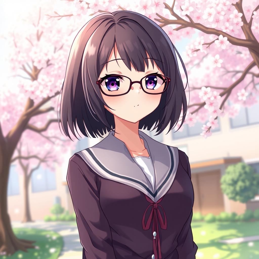 A female character illustrated in an anime style, featuring short black hair and wearing glasses