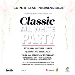 A vibrant and stylish promotional poster for an event titled 'Classic All White Party', set for Saturday, November 9th, 2024