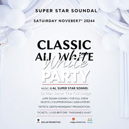 A vibrant and stylish promotional poster for an event titled 'Classic All White Party', set for Saturday, November 9th, 2024