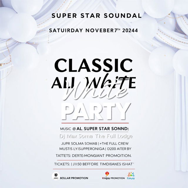 A vibrant and stylish promotional poster for an event titled 'Classic All White Party', set for Saturday, November 9th, 2024