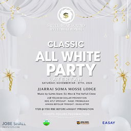 A vibrant and stylish promotional poster for an event titled 'Classic All White Party', set for Saturday, November 9th, 2024