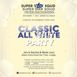 A vibrant and stylish promotional poster for an event titled 'Classic All White Party', set for Saturday, November 9th, 2024