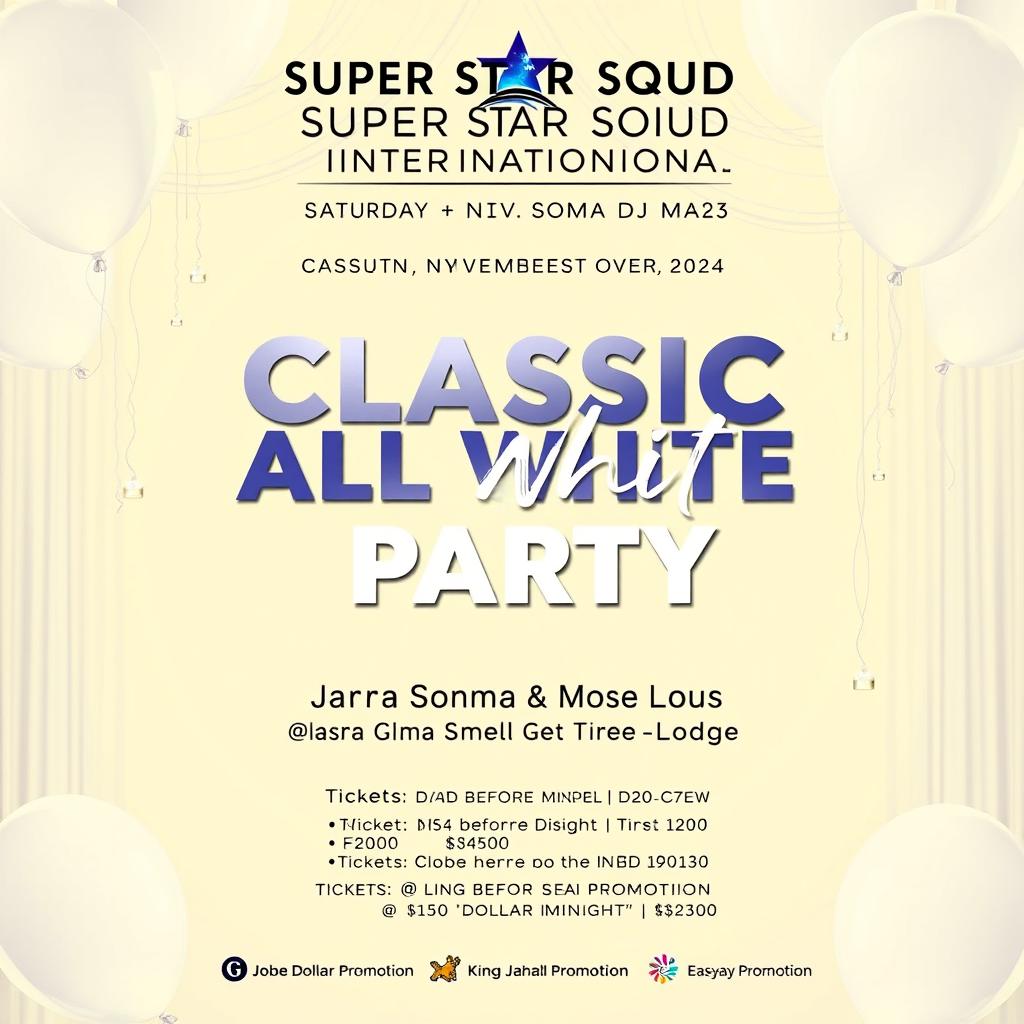 A vibrant and stylish promotional poster for an event titled 'Classic All White Party', set for Saturday, November 9th, 2024