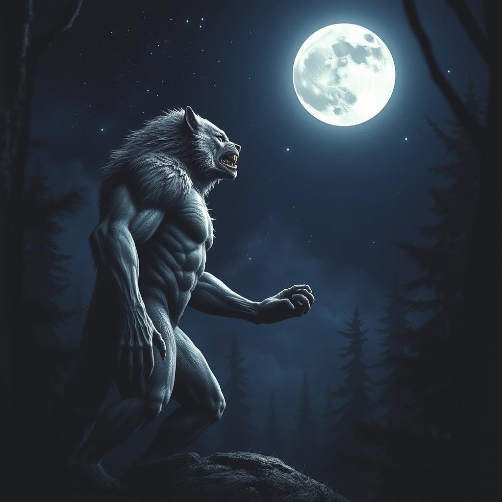 A dramatic scene depicting a werewolf in the midst of transformation, gazing intensely at a full moon illuminating a dark, starry night sky