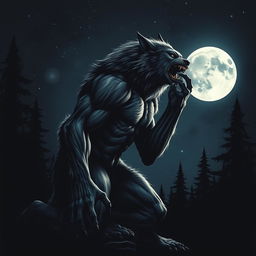 A dramatic scene depicting a werewolf in the midst of transformation, gazing intensely at a full moon illuminating a dark, starry night sky