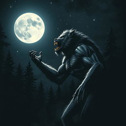 A dramatic scene depicting a werewolf in the midst of transformation, gazing intensely at a full moon illuminating a dark, starry night sky