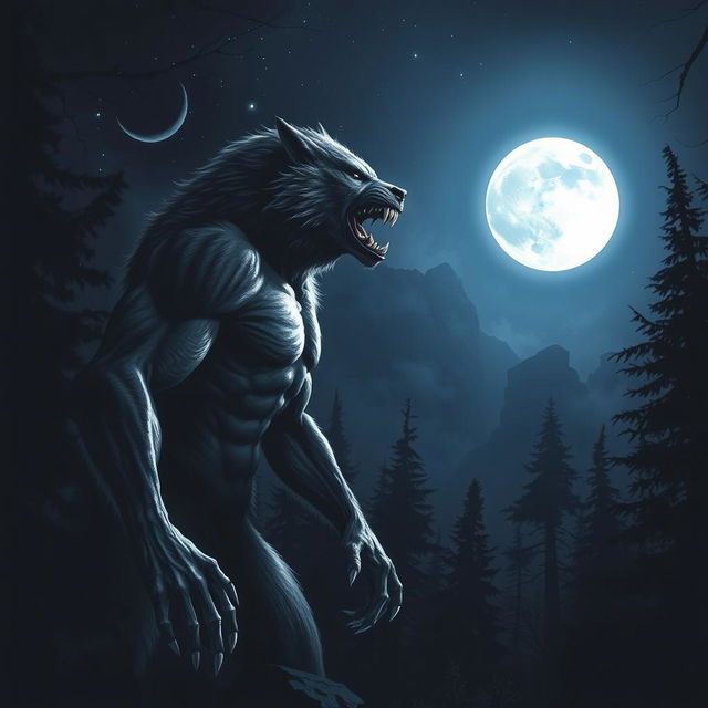 A dramatic scene depicting a werewolf in the midst of transformation, gazing intensely at a full moon illuminating a dark, starry night sky