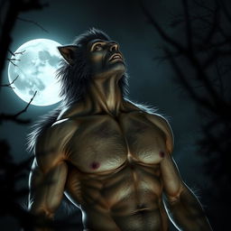 A captivating scene of a man in the midst of transforming into a werewolf, gazing up at a full moon that casts a silvery glow across the night sky