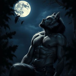 A captivating scene of a man in the midst of transforming into a werewolf, gazing up at a full moon that casts a silvery glow across the night sky