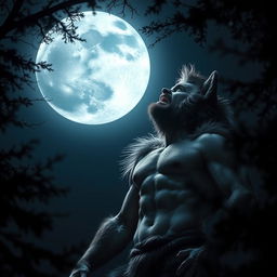 A captivating scene of a man in the midst of transforming into a werewolf, gazing up at a full moon that casts a silvery glow across the night sky