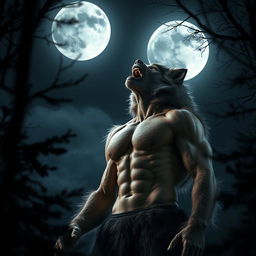 A captivating scene of a man in the midst of transforming into a werewolf, gazing up at a full moon that casts a silvery glow across the night sky