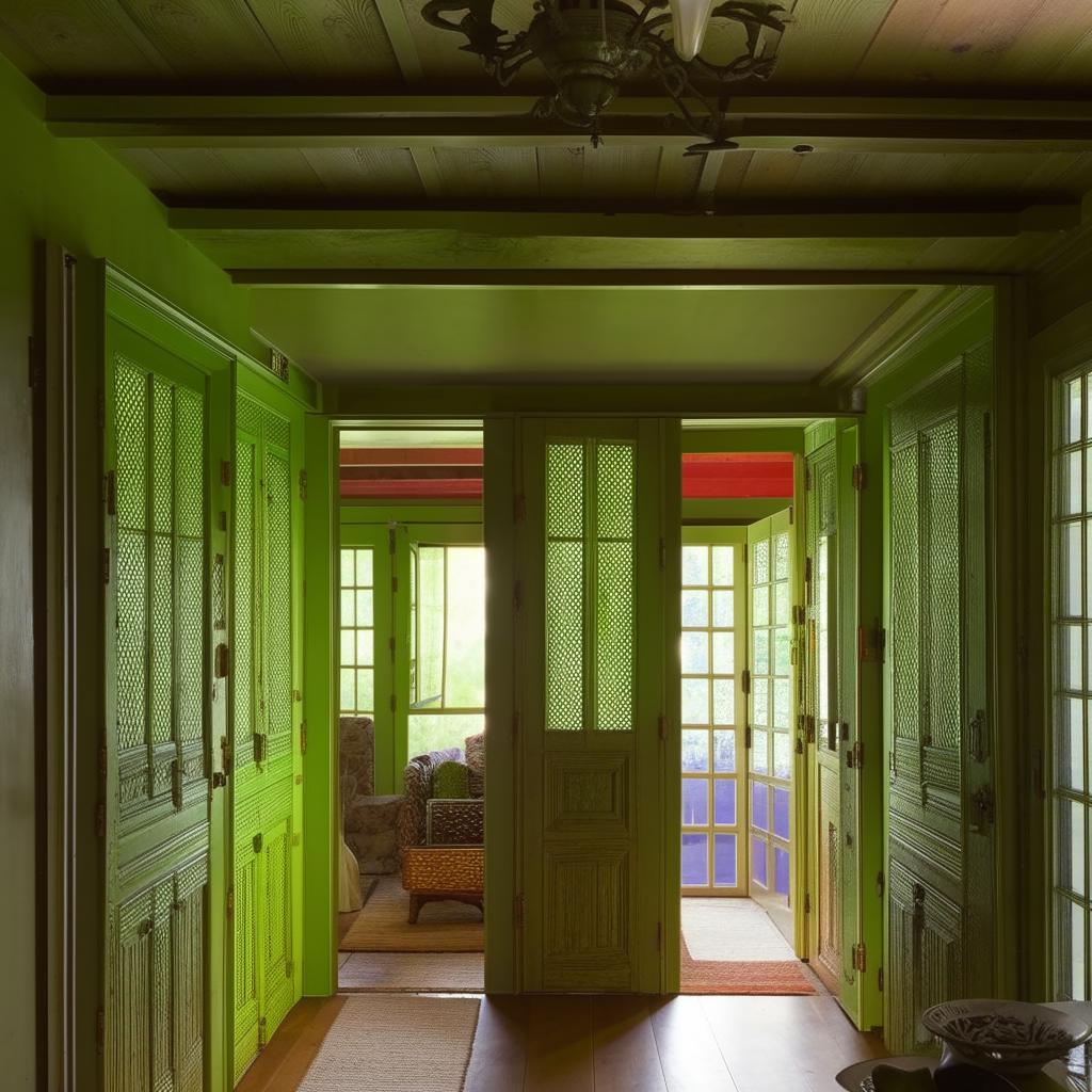 A sizable living and dining room area with vibrant green doors and windows, and intricate wooden closets and cabinets adding a touch of traditional charm.