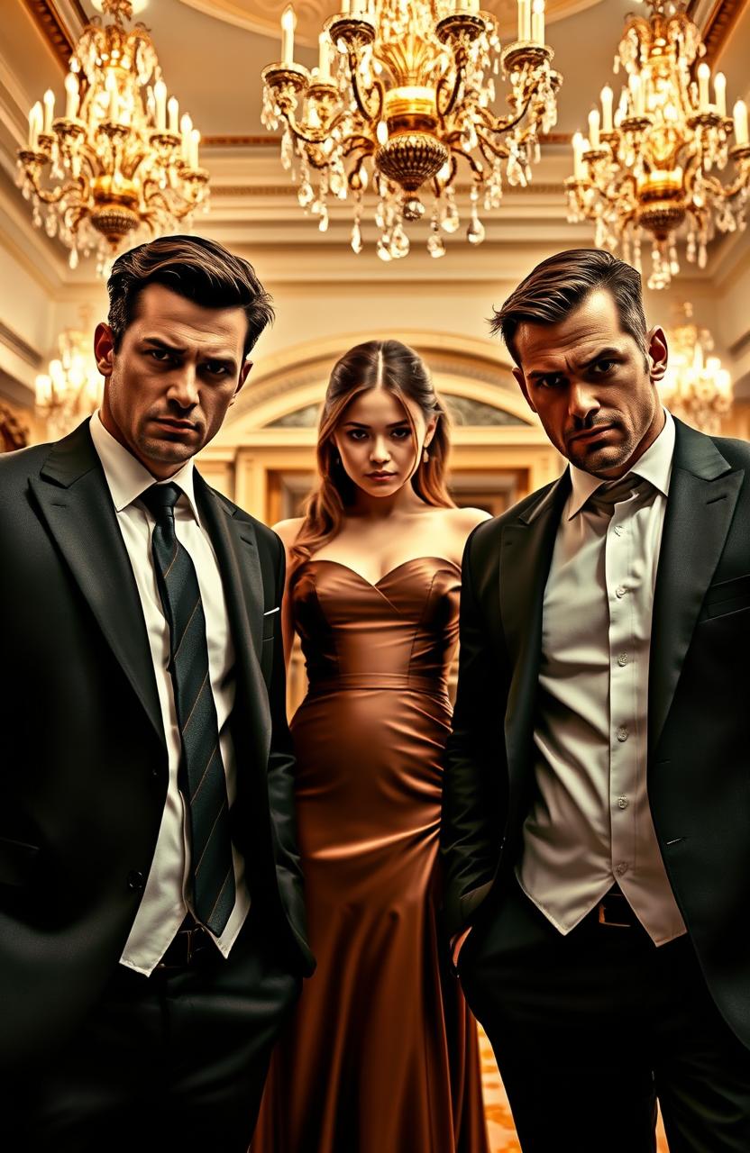 Two mean-looking hot mafia guys flanking a beautiful innocent girl wearing an elegant dinner gown in the middle