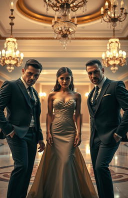 Two mean-looking hot mafia guys flanking a beautiful innocent girl wearing an elegant dinner gown in the middle