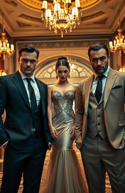 Two mean-looking hot mafia guys flanking a beautiful innocent girl wearing an elegant dinner gown in the middle