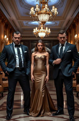 Two mean-looking hot mafia guys flanking a beautiful innocent girl wearing an elegant dinner gown in the middle