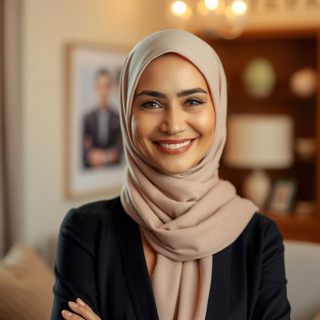 An attractive mature woman wearing a stylish hijab, showcasing modest yet elegant attire