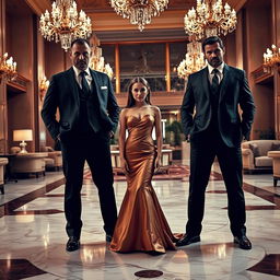 Two mean-looking hot mafia guys standing confidently on either side of a beautiful innocent girl wearing a stunning dinner gown in the middle